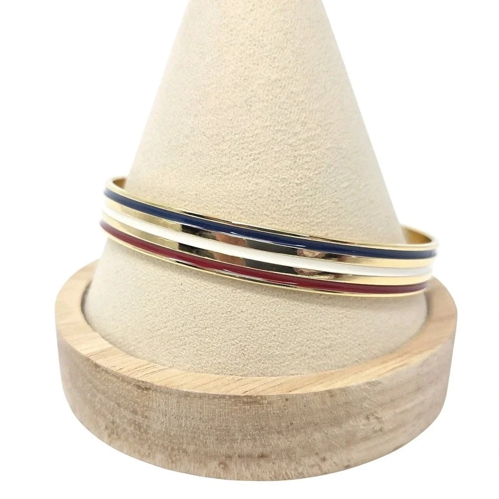 VINTAGE Red White &‎ Blue Enameled Gold Tone Metal Bangle Bracelet